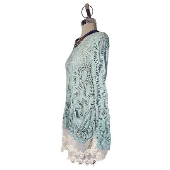 RYU Designer Over size Clear Green & White Lace Trimmed Sweter Size S/M - Picture 14 of 16